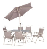 Set De Mesa Vidrio 6 Sillas Plegables Sombrilla Jardin Acero Taupe