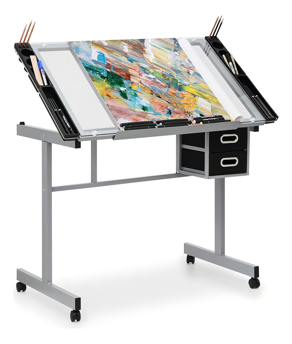 D_NQ_NP_701713-MLA99506133982_112025-F.jpg Mesa De Dibujo Monibloom Metal Vidrio Inclinación 60° Con Almacenamiento Y Banqueta - Image 1