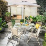 Set De Mesa Vidrio 6 Sillas Plegables Sombrilla Jardin Acero Taupe - Image 4