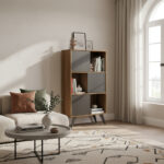 Biblioteca 3 Estantes Moderno Nogal Madera Negro Premium  Madera Y Negro