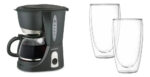 Kit Cafe: Cafetera Electrica 10 Pocillos Negro + 2 Vasos Doble Vidrio 400cc Transparente