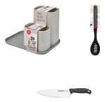 Kit Cocina: Organizador Mesada Cubiertos + Cuchara Ranurada Negro Gris + Cuchillo Chef Acero