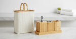 Kit Bambu: Cesto Ropa Sucia Plegable Madera + Organizador Baño 4 Accesorios Multifuncion Marron