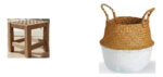 Kit Deco: Set X2 Bancos Pequeños Madera Laqueada Marron Claro + Canasto Seagrass