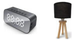 Kit Decotech: Radio Reloj Portatil Bluetooth Led Gris + 2 Lamparas Mesa Tela 60w