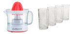 Kit Cocina: Exprimidor Electrico 500ml 25w Filtro Removible + 4 Vasos Vidrio Reforzado Premium