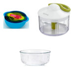 Kit Cocina Premium: Set 6 Bowls Mezcladores Apilables + Ensaladera Vidrio + Cortador Vegetales